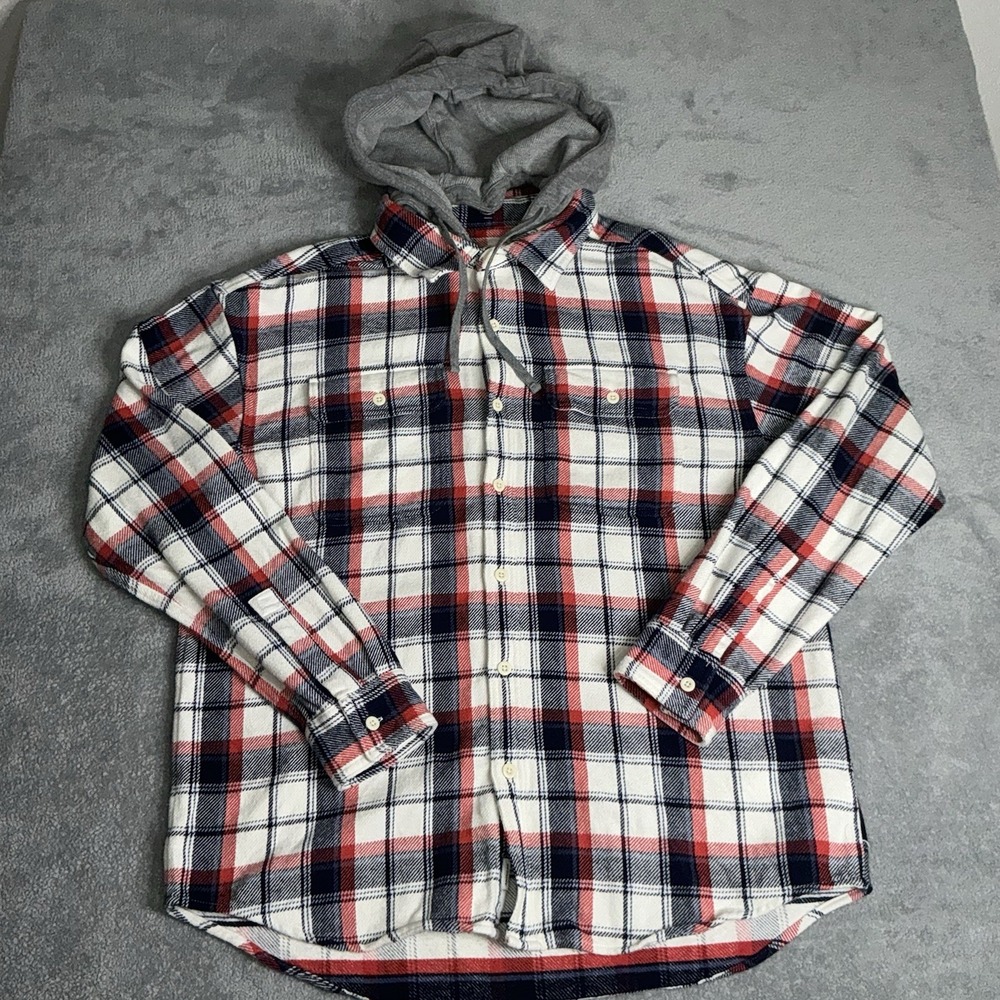 American Eagle Hoodie Men's L Red Flannel Plaid Super Soft Removable Hood